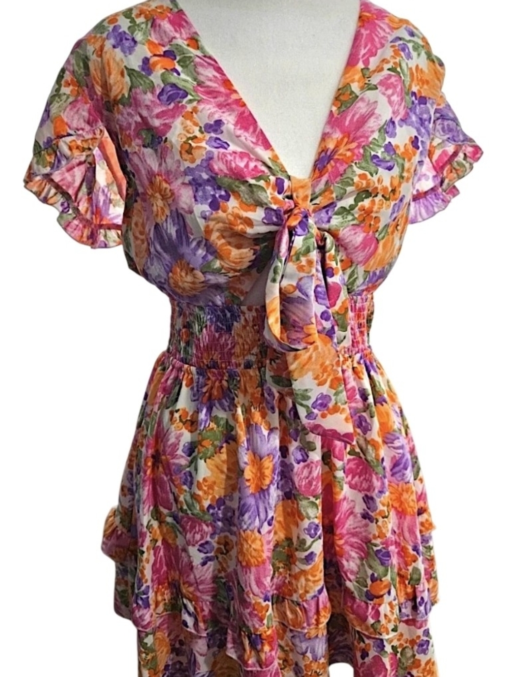 Floral Tie-Front Summer Dress - Pink Multi Size Medium